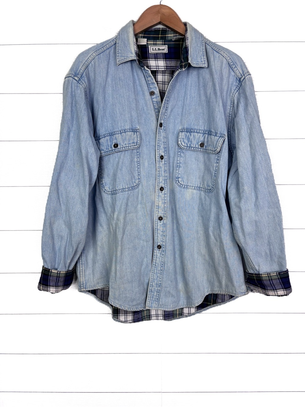 LLBean Plaid Flannel Lined Denim Shirt Shacket Vintage Cotton Mens Large